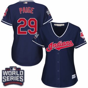 Womens Majestic Cleveland Indians #29 Satchel Paige Authentic Navy Blue Alternate 1 2016 World Series Bound Cool Base MLB Jersey