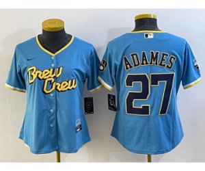 Women\'s Milwaukee Brewers #27 Willy Adames Blue 2022 City Connect Cool Base Stitched Jersey