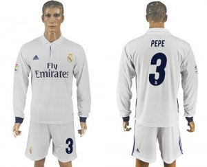 Real Madrid #3 Pepe White Home Long Sleeves Soccer Club Jersey