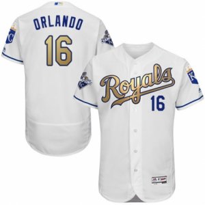 Men\'s Majestic Kansas City Royals #16 Paulo Orlando Authentic White 2015 World Series Champions Gold Program FlexBase MLB Jersey