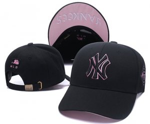 Yankees Pink Outline Logo Black Peaked Adjustable Hat SG