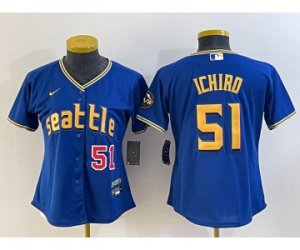 Women\'s Seattle Mariners #51 Ichiro Suzuki Number Blue 2023 City Connect Cool Base Stitched Jersey1