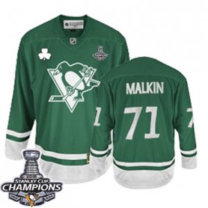 Mens Reebok Pittsburgh Penguins #71 Evgeni Malkin Premier Green St Pattys Day 2016 Stanley Cup Champions NHL Jersey