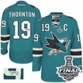 Mens Reebok San Jose Sharks #19 Joe Thornton Authentic Teal Green Home Autographed 2016 Stanley Cup Final Bound NHL Jersey