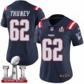Womens Nike New England Patriots #62 Joe Thuney Limited Navy Blue Rush Super Bowl LI 51 NFL Jersey