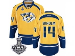 Mens Reebok Nashville Predators #14 Mattias Ekholm Premier Gold Home 2017 Stanley Cup Final NHL Jersey