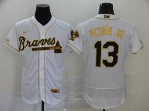 Braves # 13 Ronald Acuna Jr. White Gold Nike Flexbase Jersey