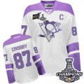 Womens Reebok Pittsburgh Penguins #87 Sidney Crosby Premier White Purple Thanksgiving Edition 2016 Stanley Cup Champions NHL Jersey