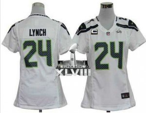 Nike Seattle Seahawks #24 Marshawn Lynch White With C Patch Super Bowl XLVIII Women Stitched NFL Elite Jersey