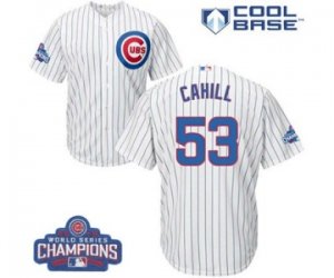 Youth Majestic Chicago Cubs #53 Trevor Cahill Authentic White Home 2016 World Series Champions Cool Base MLB Jersey