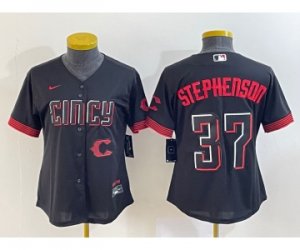 Women\'s Cincinnati Reds #37 Tyler Stephenson Black 2023 City Connect Cool Base Stitched Jersey