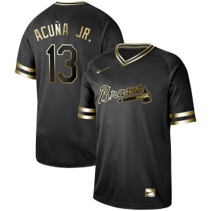 Braves #13 Ronald Acuna Jr Black Gold Nike Cooperstown Collection Legend V Neck Jersey