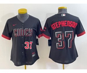 Women\'s Cincinnati Reds #37 Tyler Stephenson Number Black 2023 City Connect Cool Base Stitched Jersey
