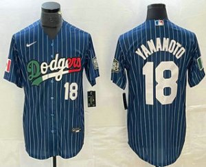 Men\'s Los Angeles Dodgers #18 Yoshinobu Yamamoto Number Navy Blue Pinstripe Mexico 2020 World Series Cool Base Nike Jersey