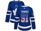 Women Adidas Toronto Maple Leafs #91 John Tavares Blue Home Authentic USA Flag Stitched NHL Jersey