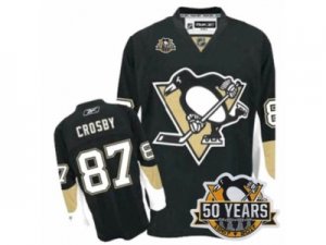 Men\'s Reebok Pittsburgh Penguins #87 Sidney Crosby Authentic Black Home 50th Anniversary Patch NHL Jersey