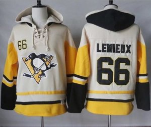 Mens Pittsburgh Penguins #66 Mario Lemieux Cream Gold Sawyer Hooded Sweatshirt Stitched NHL Jersey