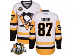 Men\'s Reebok Pittsburgh Penguins #87 Sidney Crosby Authentic White Away 50th Anniversary Patch NHL Jersey