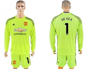 2017-18 Manchester United 1 DE GEA Fluorescent Green Goalkeeper Long Sleeve Soccer Jersey