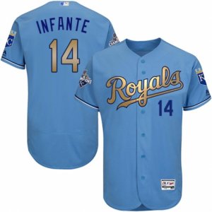 Men\'s Majestic Kansas City Royals #14 Omar Infante Authentic Light Blue 2015 World Series Champions Gold Program FlexBase MLB Jersey