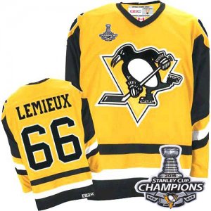 Mens CCM Pittsburgh Penguins #66 Mario Lemieux Premier Yellow Throwback 2016 Stanley Cup Champions NHL Jersey