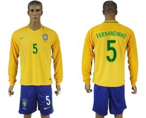 Brazil #5 Fernandinho Home Long Sleeves Soccer Country Jersey