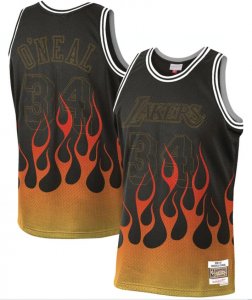 Lakers #34 Shaquille O\'Neal Black 1996-97 Hardwood Classics Flames Swingman Jersey