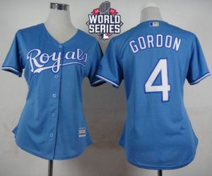 Women Kansas City Royals #4 Alex Gordon Light Blue Alternate 1 W 2015 World Series Patch Stitched MLB Jersey