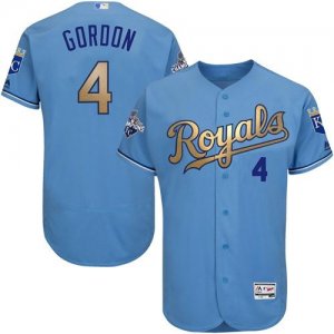 Kansas City Royals #4 Alex Gordon Light Blue FlexBase Authentic 2015 World Series Champions Gold Program Stitched Baseball Jersey