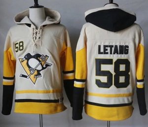 Mens Pittsburgh Penguins #58 Kris Letang Cream Gold Sawyer Hooded Sweatshirt Stitched NHL Jersey