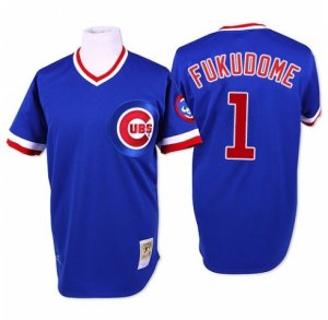 Mens Mitchell and Ness Chicago Cubs #1 Kosuke Fukudome Authentic Blue Throwback MLB Jersey