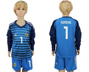 Argentina 1 ROMERO Lake Blue Goalkeeper Youth 2018 FIFA World Cup Long Sleeve Soccer Jersey