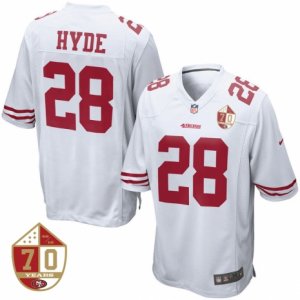 Men\'s San Francisco 49ers #28 Carlos Hyde Nike White 70th Anniversary Patch Game Jersey