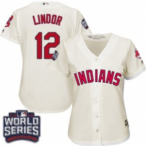 Womens Majestic Cleveland Indians #12 Francisco Lindor Authentic Cream Alternate 2 2016 World Series Bound Cool Base MLB Jersey