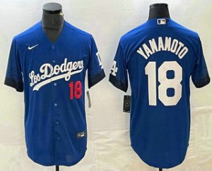 Men\'s Los Angeles Dodgers #18 Yoshinobu Yamamoto Number Blue 2021 City Connect Cool Base Stitched Jersey