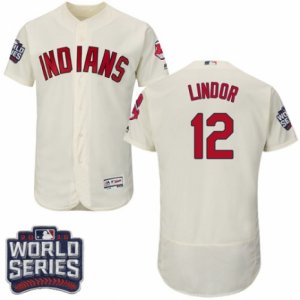 Mens Majestic Cleveland Indians #12 Francisco Lindor Cream 2016 World Series Bound Flexbase Authentic Collection MLB Jersey