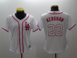 Los Angeles Dodgers #22 Clayton Kershaw White Pink Women Cool Base Jersey