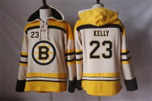 Mens Boston Bruins #23 Chris Kelly Cream Sawyer Hooded Sweatshirt Stitched NHL Jersey