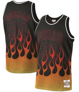 Bulls #91 Dennis Rodman Black 1997-98 Hardwood Classics Flames Swingman Jersey