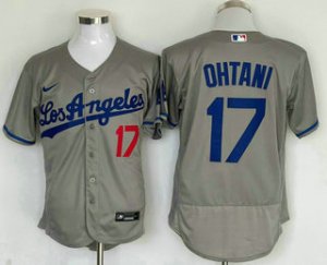 Men\'s Los Angeles Dodgers #17 Shohei Ohtani Number Grey With Los Stitched Flex Base Nike Jersey