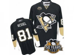 Men\'s Reebok Pittsburgh Penguins #81 Phil Kessel Authentic Black Home 50th Anniversary Patch NHL Jersey