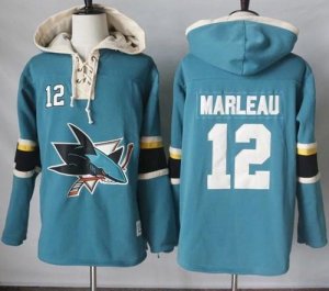 Mens San Jose Sharks #12 Patrick Marleau Teal Pullover Hoodie Stitched NHL Jersey