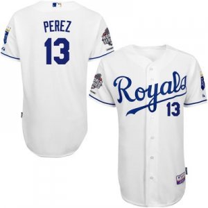 Men Kansas City Royals #13 Salvador Perez White Cool Base 2015 World Series Champions Patch MLB Jersey