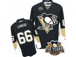 Men\'s Reebok Pittsburgh Penguins #66 Mario Lemieux Authentic Black Home 50th Anniversary Patch NHL Jersey