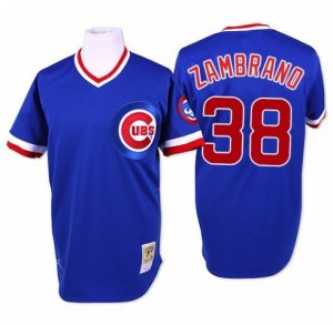 Mens Mitchell and Ness Chicago Cubs #38 Carlos Zambrano Replica Blue Throwback MLB Jersey