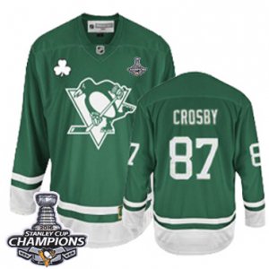 Youth Reebok Pittsburgh Penguins #87 Sidney Crosby Premier Green St Patty\'s Day 2016 Stanley Cup Champions NHL Jersey