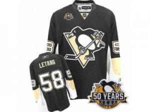 Men\'s Reebok Pittsburgh Penguins #58 Kris Letang Authentic Black Home 50th Anniversary Patch NHL Jersey