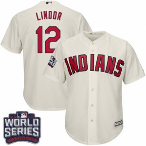 Youth Majestic Cleveland Indians #12 Francisco Lindor Authentic Cream Alternate 2 2016 World Series Bound Cool Base MLB Jersey