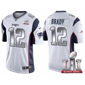 Men New England Patriots #12 Tom Brady White 2017 Super Bowl 51 Patch Steel Silver Limited Jersey