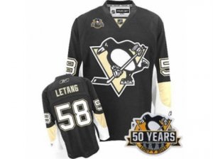 Youth Reebok Pittsburgh Penguins #58 Kris Letang Authentic Black Home 50th Anniversary Patch NHL Jersey